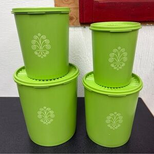 Tupperware Servalier Canister Set 4 Apple Green Starburst Lids 1970s VTG.
